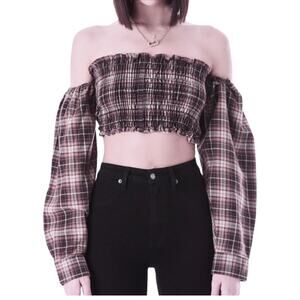 LF Furst Of A Kind Crop Top Vintage Smocked Flannel Women's Off-the-Shoulder NEW